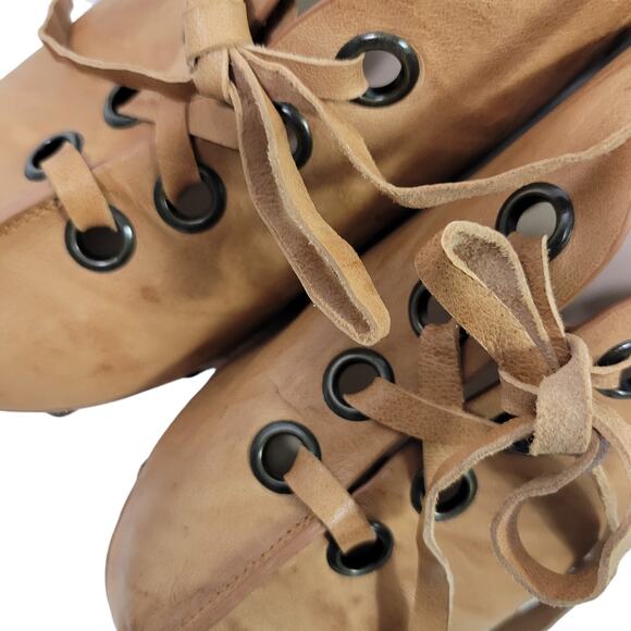 Kelsi Dagger Clogs Tan Leather Lace Up Wedge Wood Heel Mule Slip On Retro Size 9 - Picture 10 of 15